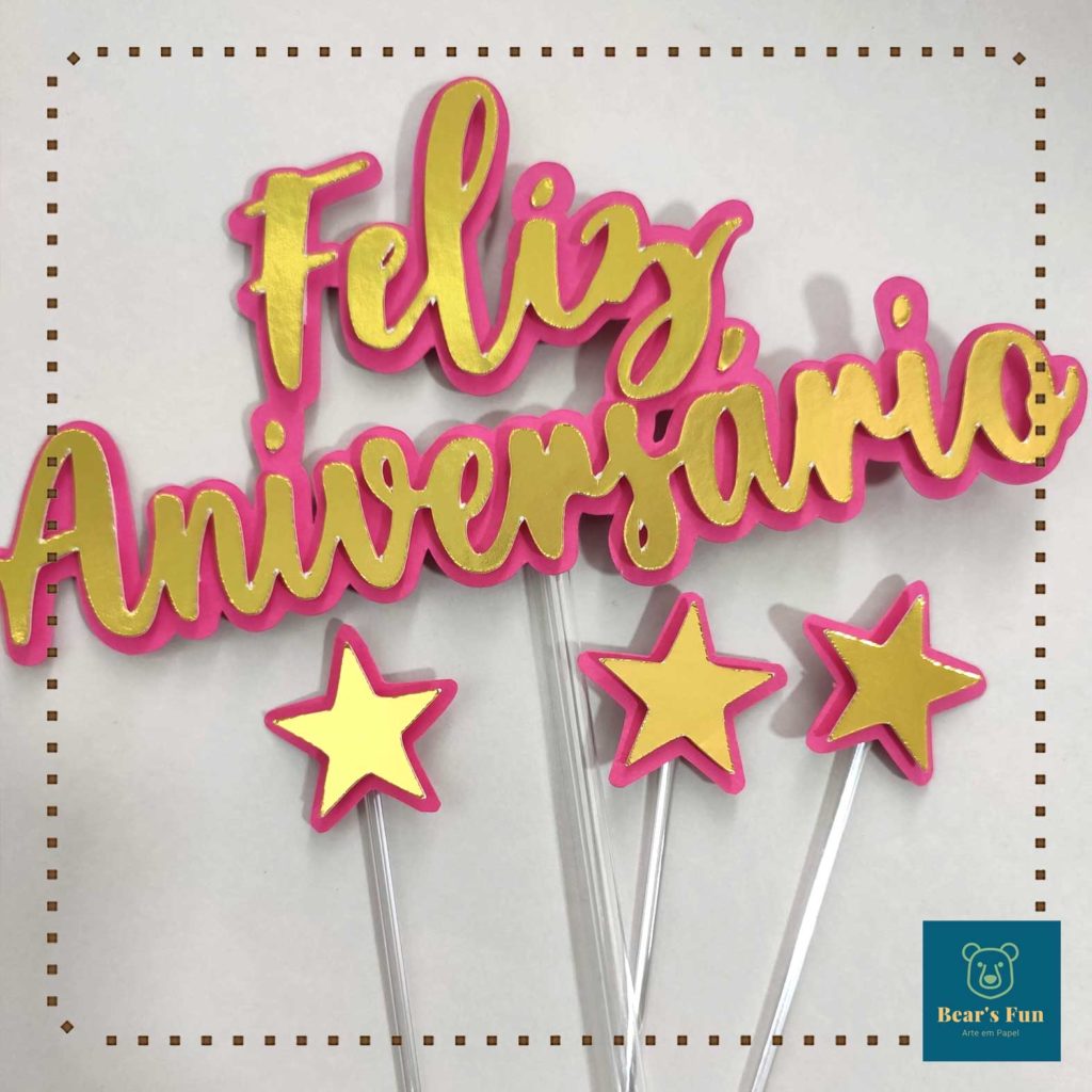 Topo de Bolo Feliz Aniversário Rosa e Dourado Mod.2 – Bear's Fun