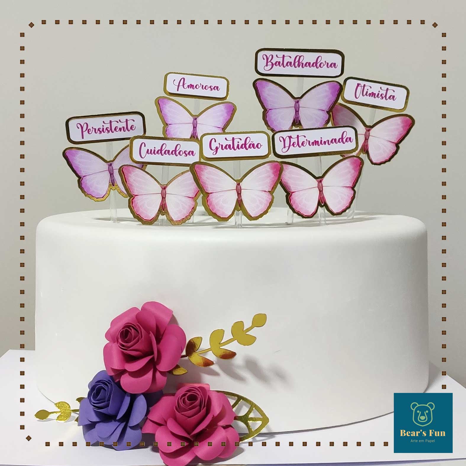 guirlanda roxa, topo de bolo com borboleta e flores. 8925589 Vetor